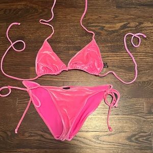 Velvet pink, bikini top with matching bottoms. Size Small